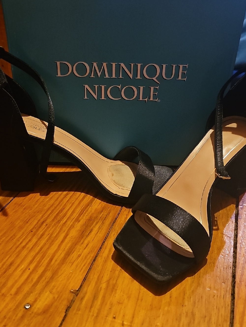 Dominique Black Satin Block-Heel Open-Toe Sandals